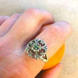 Ornate Sterling silver and emerald ring